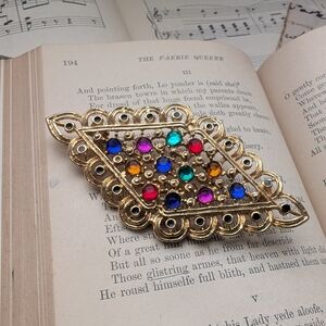 Gold-Tone Multicolor Crystal Scalloped Filigree Brooch